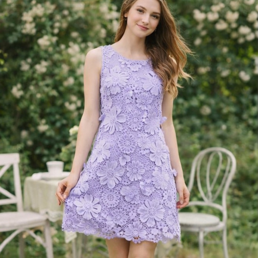 Lavender Floral Appliqué Mini Dress Sleeveless Spring Easter Retro 60s Mod M